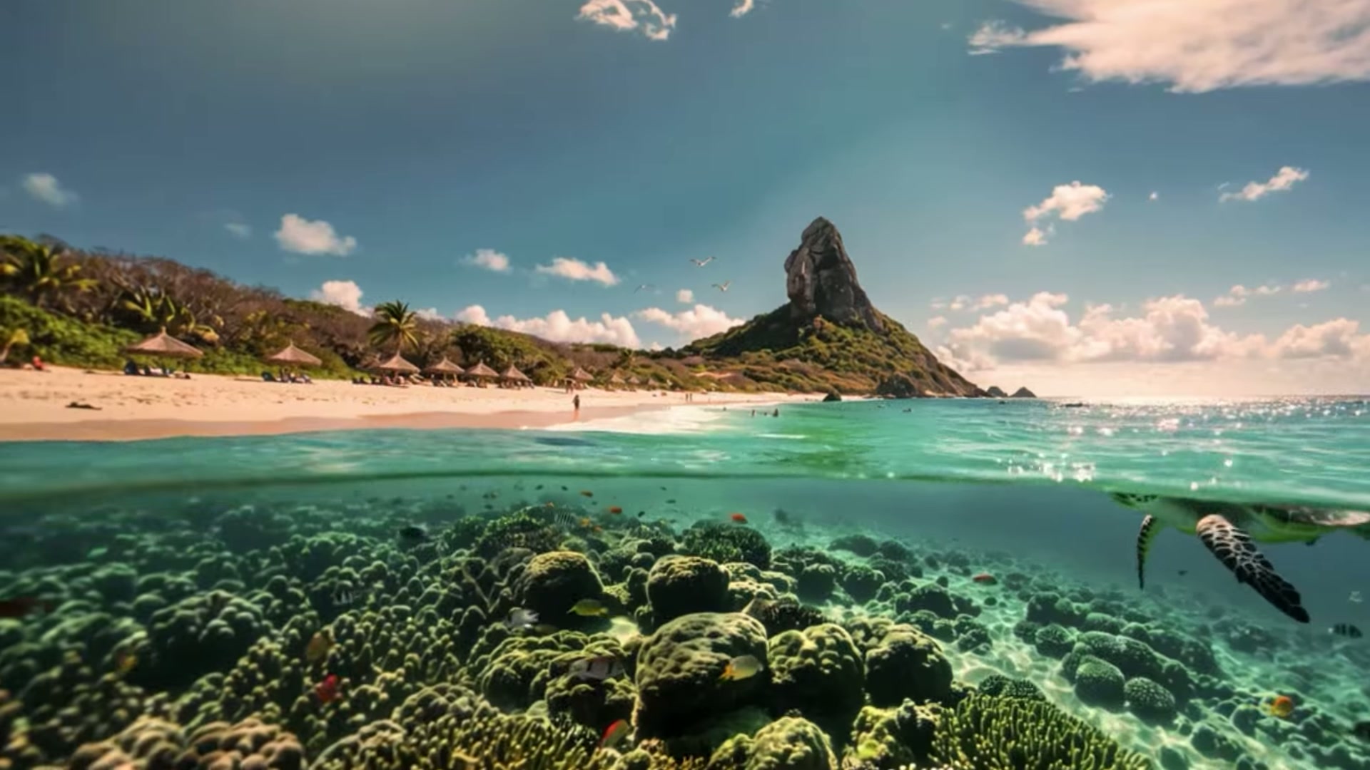 Fernando de Noronha vista do mar, com o Morro do Pico ao fundo