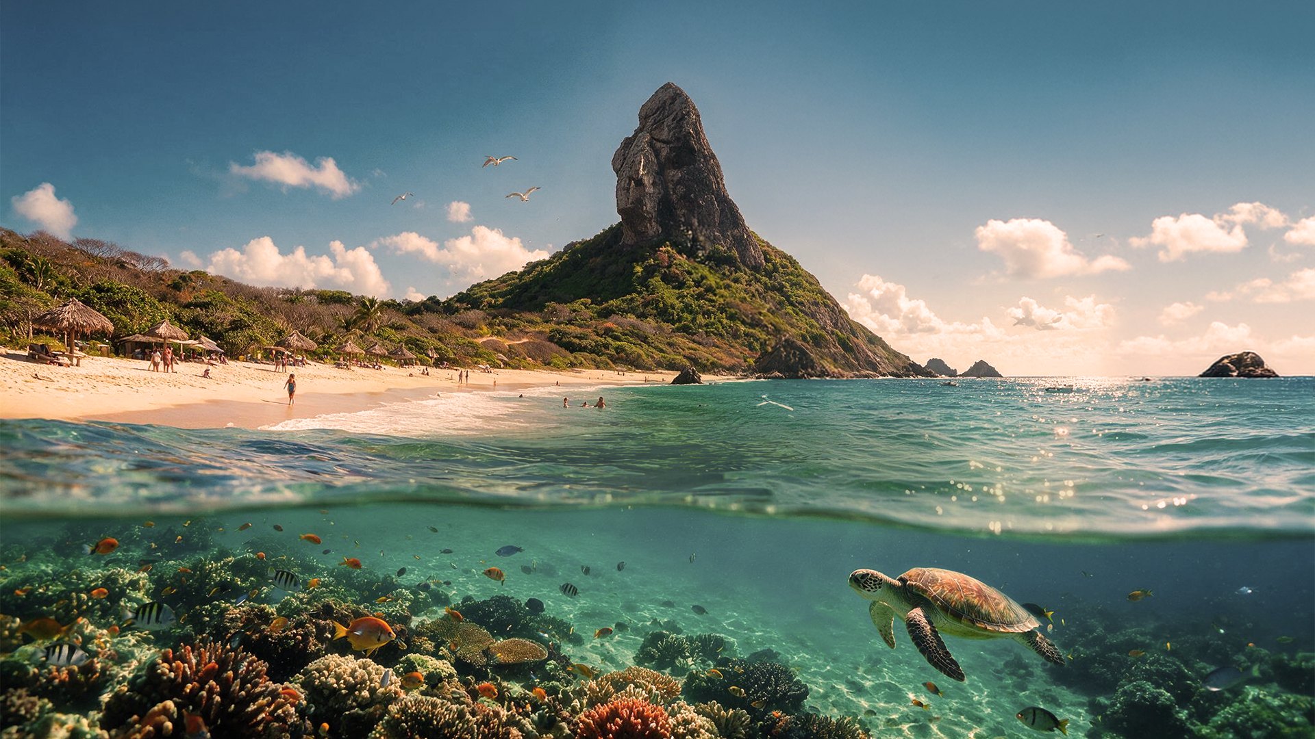 Vista aérea de Fernando de Noronha ao entardecer, com o Morro do Pico e o mar turquesa